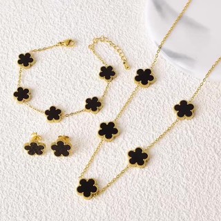 Colar Pulseira Brincos Flores Dupla Face 2 Faces Mesma Cor Ouro 18K Aço Inoxidável Para Mulheres