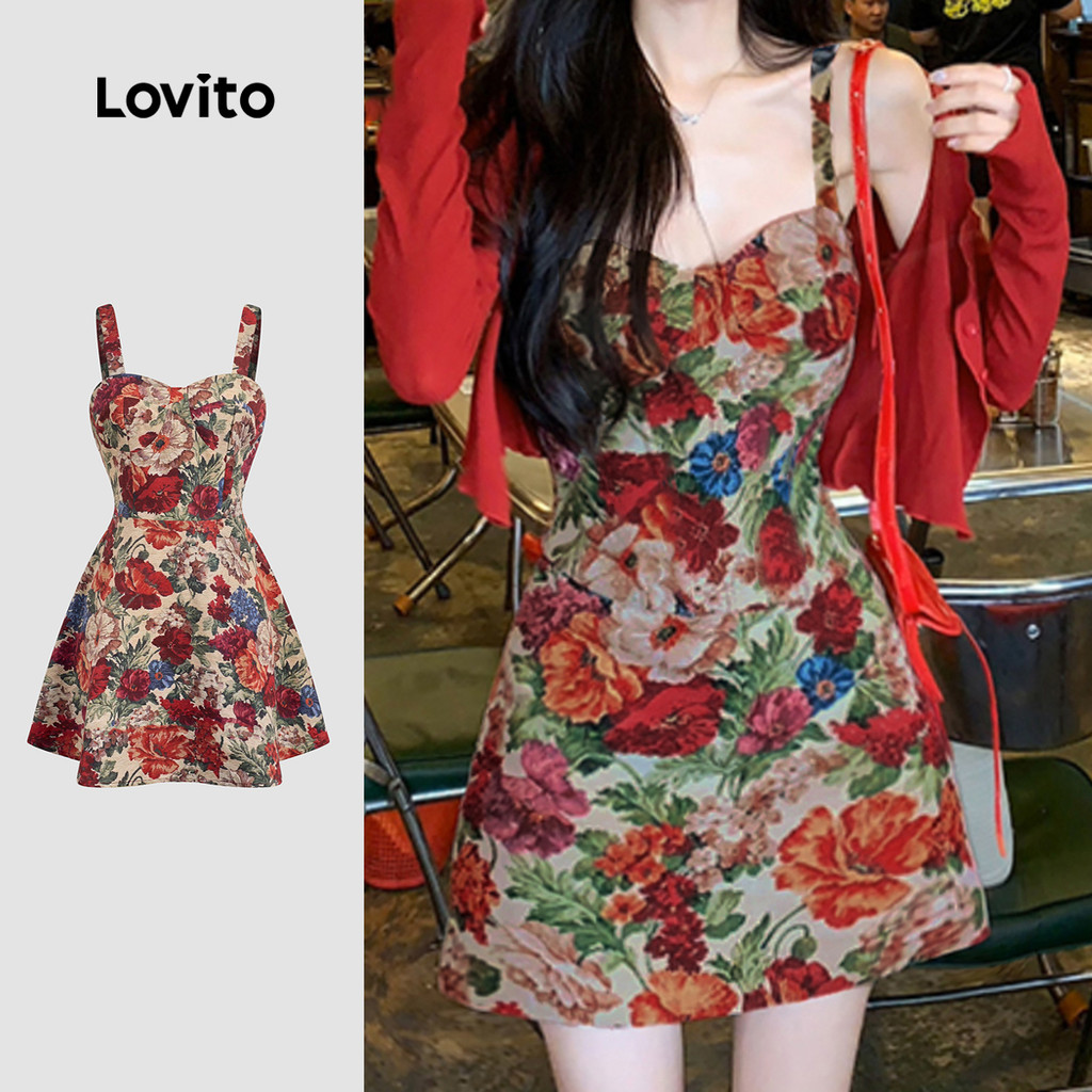 (New) Lovito Vestido Vintage Primavera/verão Vestido Multicolorido para mulheres L144AD149 em Oferta na Shopee
