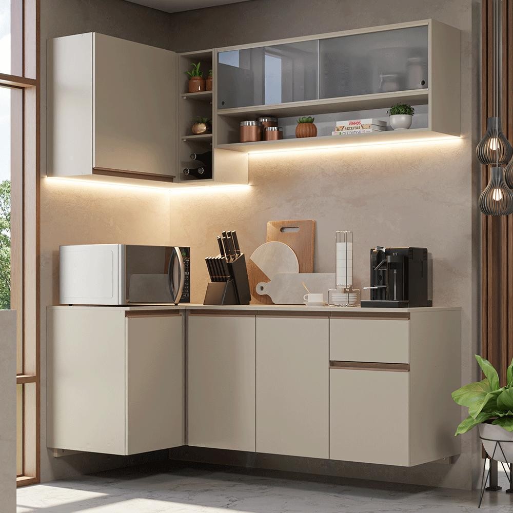 Armário de Cozinha Completa de Canto 265 cm Suspenso Crema Nice Madesa 03