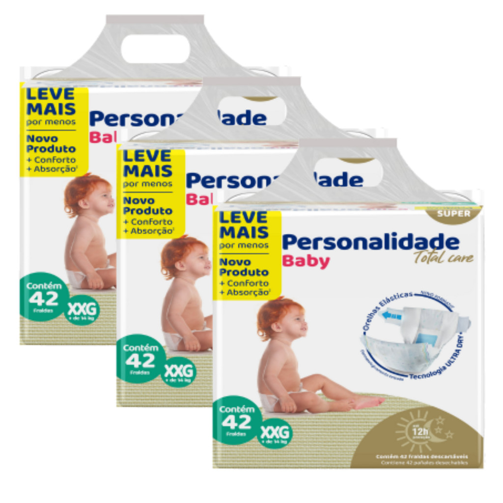Kit 3 Fralda Personalidade Baby Total Care XXG Total 126 Unid Pacotão Barato