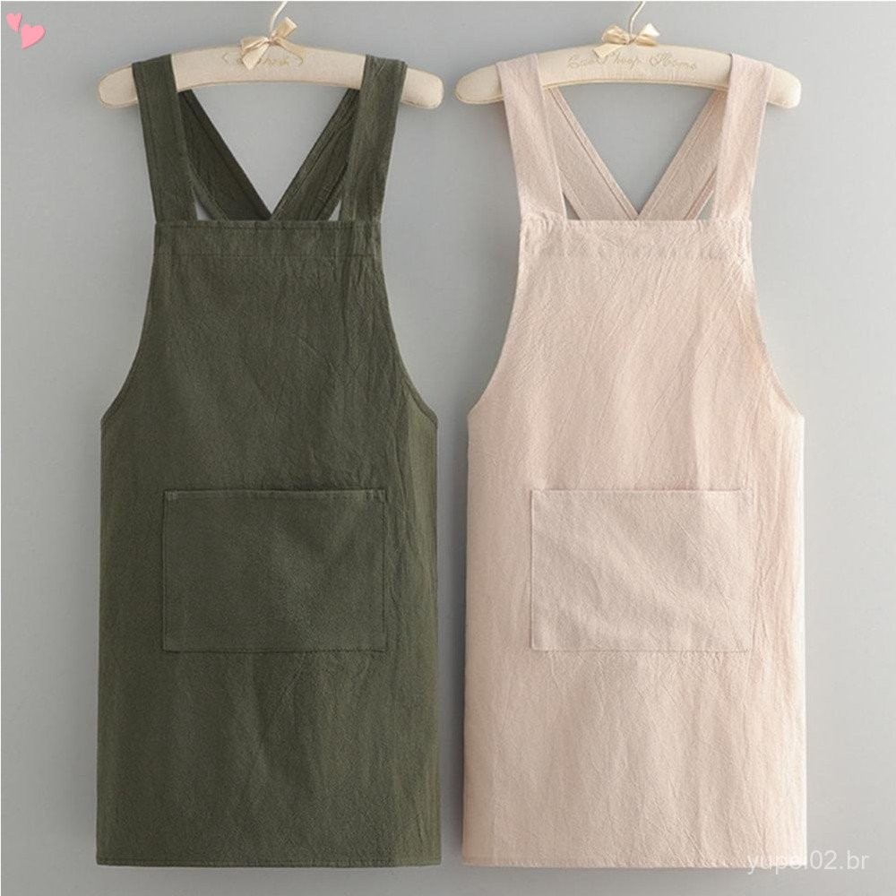Avental Estilo Japonês Com Bolsos , Linho , Algodão , Costas Cruzadas Para Mulheres , Homens , Chef , Cozinha , Coziment em Oferta na Shopee