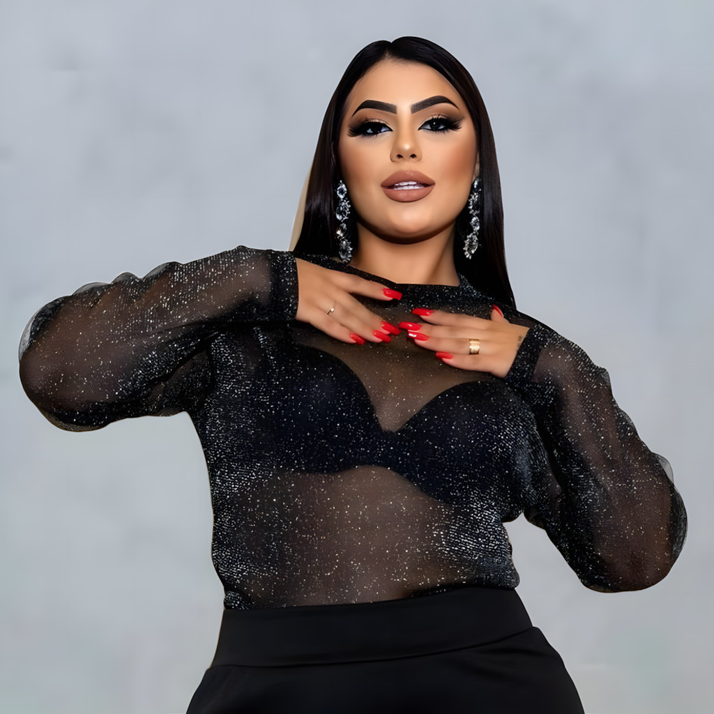 Body Manga Longa Tule Com Brilho Balada Festa Noite Plus Size em Oferta na Shopee