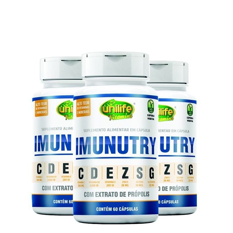 Kit 3 Imunutry Zinco, Selênio, Glutamina, Própolis e Vitaminas C, D e E Unilife 60 cápsulas