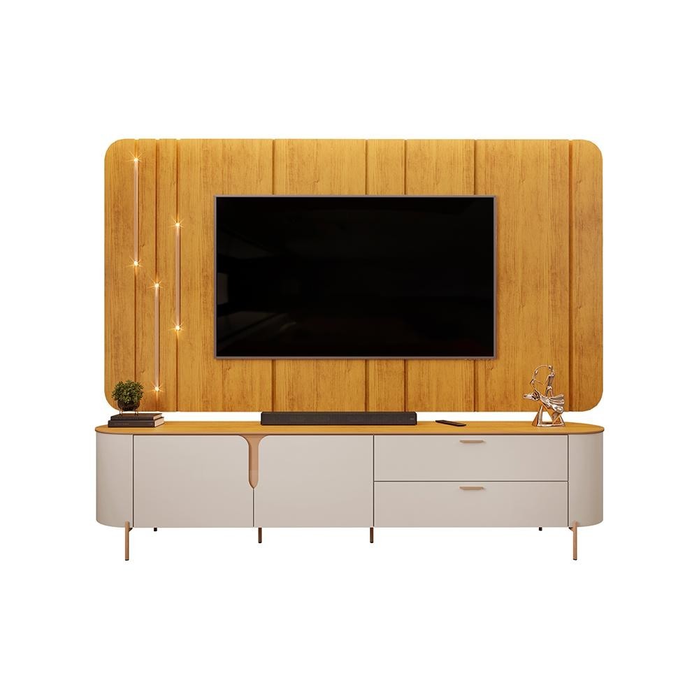 Painel com Bancada 241cm Avatar com Detalhes Dourados e LED para TV Até 75 Mel/Off White G18 - Gran