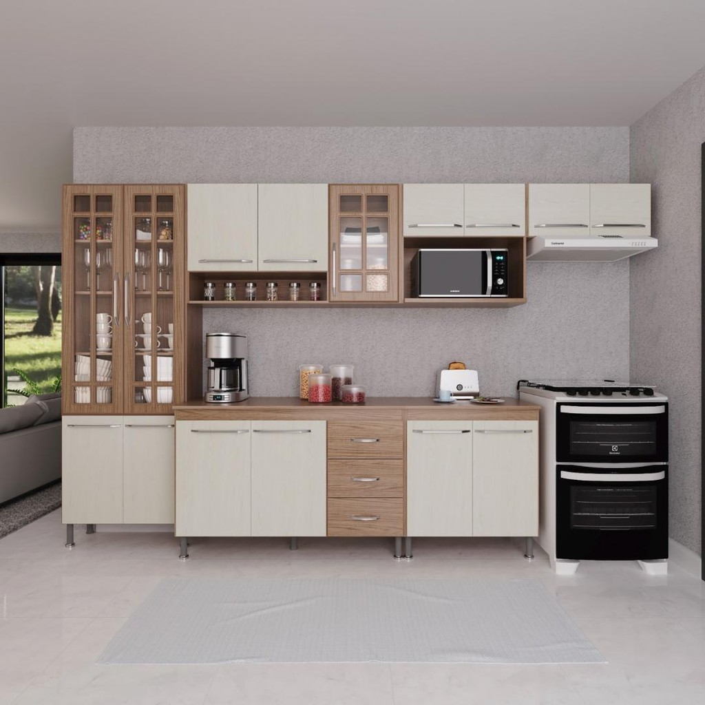 Cozinha Modulada Completa Fidelitá Paris 6 Peças 330cm 15 Portas 3 Gavetas Com Tampo Nogal/Salinas - Home & Living