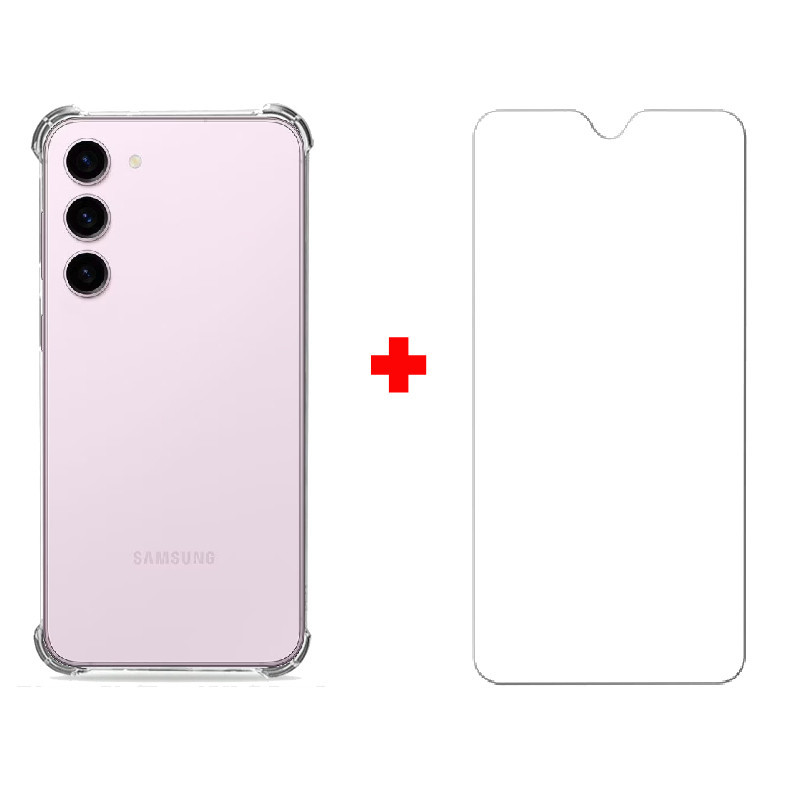 Kit Capa Capinha Case Anti Impacto Shock Para Samsung Galaxy S23 Plus Tela 6.6 Air Bag Proteção Total Anti Queda Silicone Transparente Clear Bordas Grossa + Pelicula de Vidro