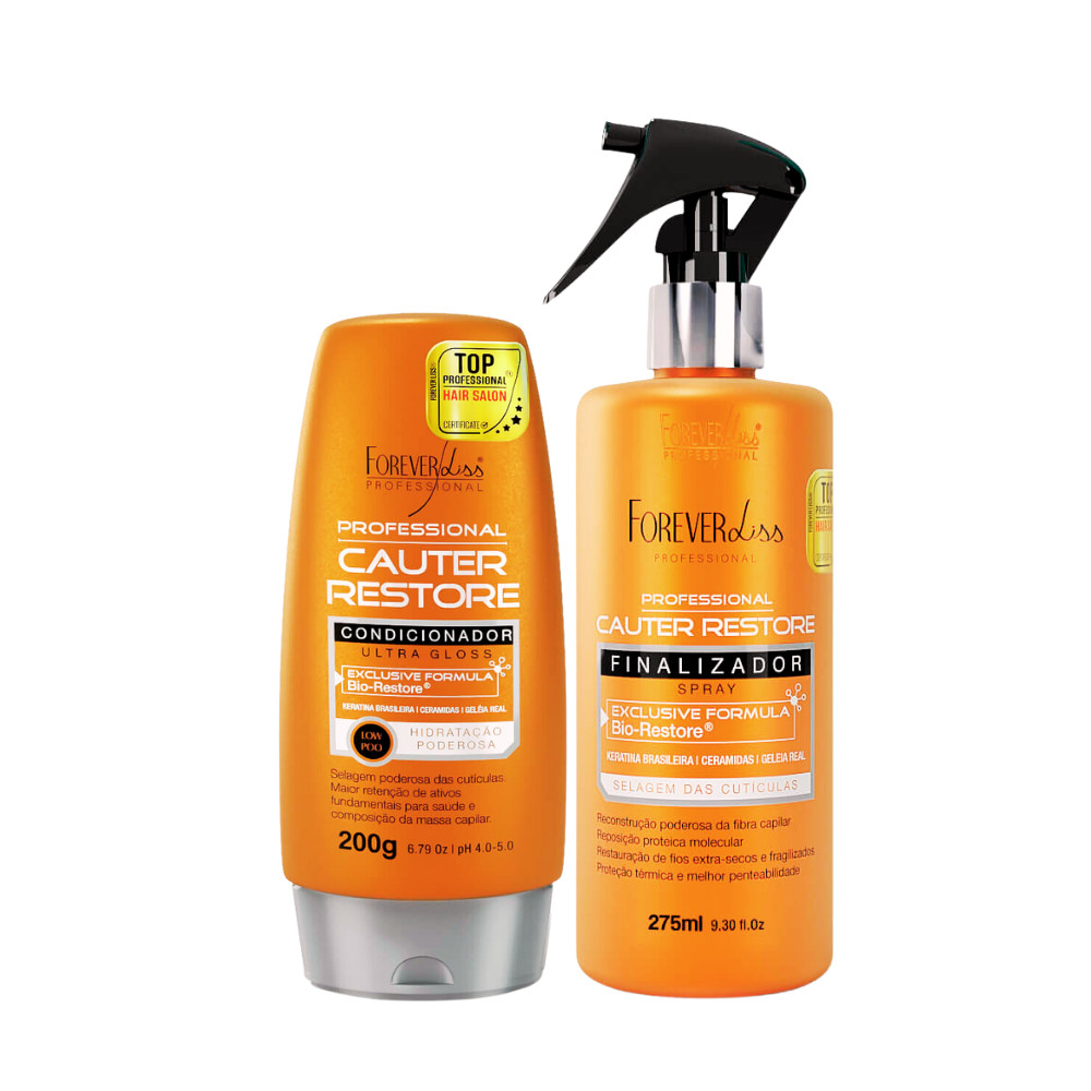 Kit Cauterização Capilar Cauter Restore Forever Liss - Spray Finalizador 275ml + Condicionador 200g