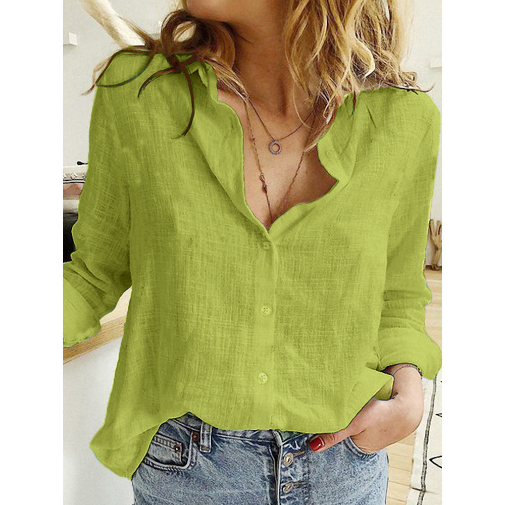 Verão mulheres camisas primavera algodão linho camisas casuais botão sólido lapela blusas manga longa solto E cxif