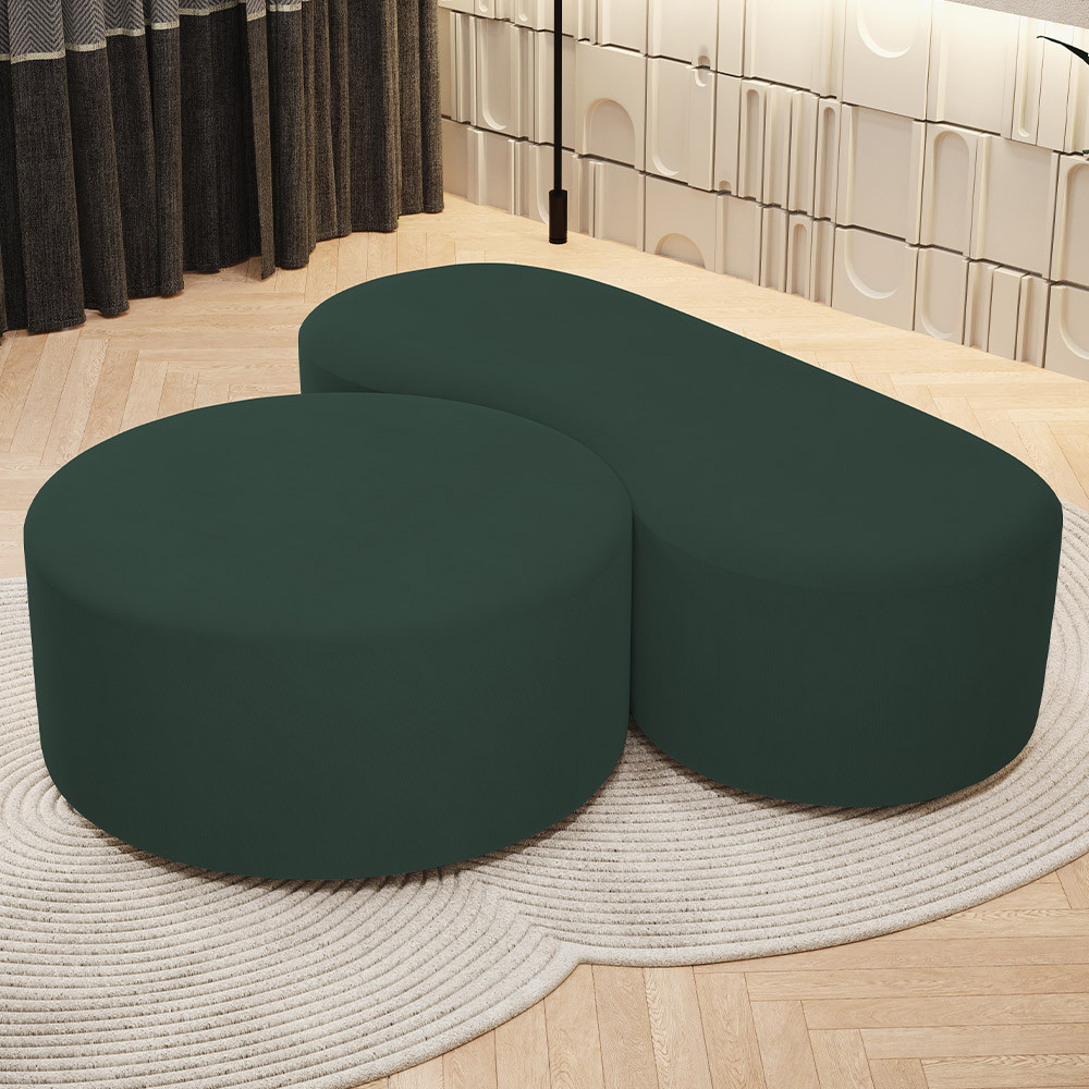 Kit Puff Redondo Lola e Puff Recamier Orgânico Orbit W01 Linho Verde Musgo - Lyam Decor