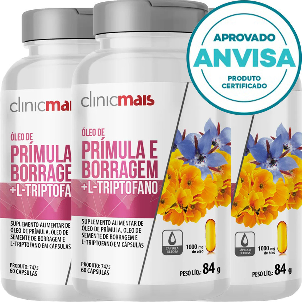 KIT 3x Óleo De Prímula + Óleo De Borragem + Triptofano - 60 Cápsulas 1000mg - Clinicmais em Oferta na Shopee
