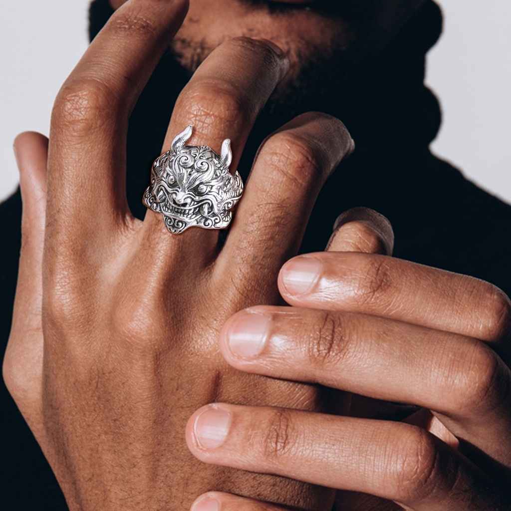 Vnox Masculino Punk Chinês Dragão Cabeça Anéis , Étnico Tutelário Sorte Dedo Banda , Rock Hippie Jóias Presente