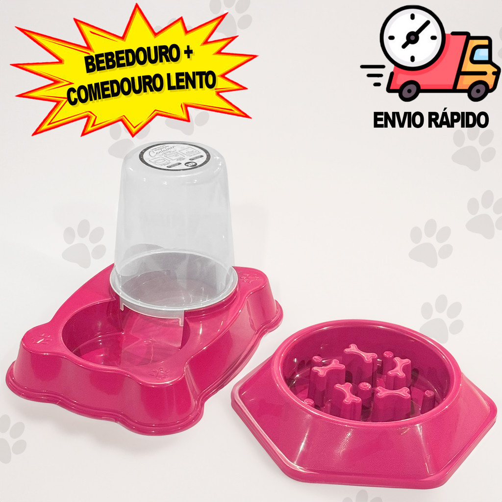 Comedouro Educativo Lento 600ml + Bebedouro Automático 1,5L Para Cachorro Gato