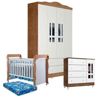 Quarto De Bebê Ariel 4 Portas Com Berço Mirelle Branco Acetinado Amadeirado E Colchão - Carolina em Oferta na Shopee