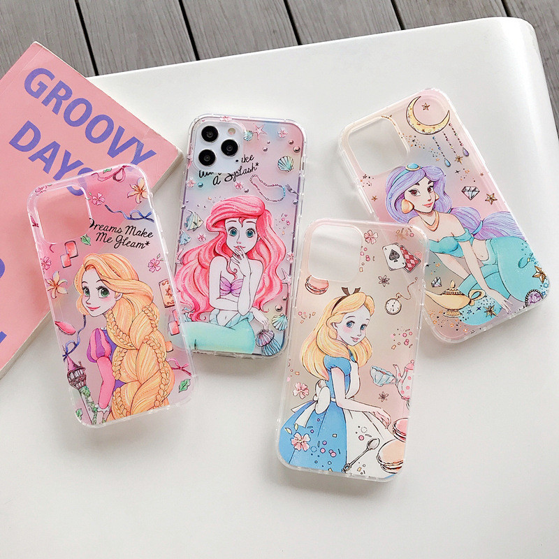 Capa de telefone transparente adequada para iphone 14 11 13 pro max 15 12 disney princesa alice sereia capa macia à prova de choque capa completa