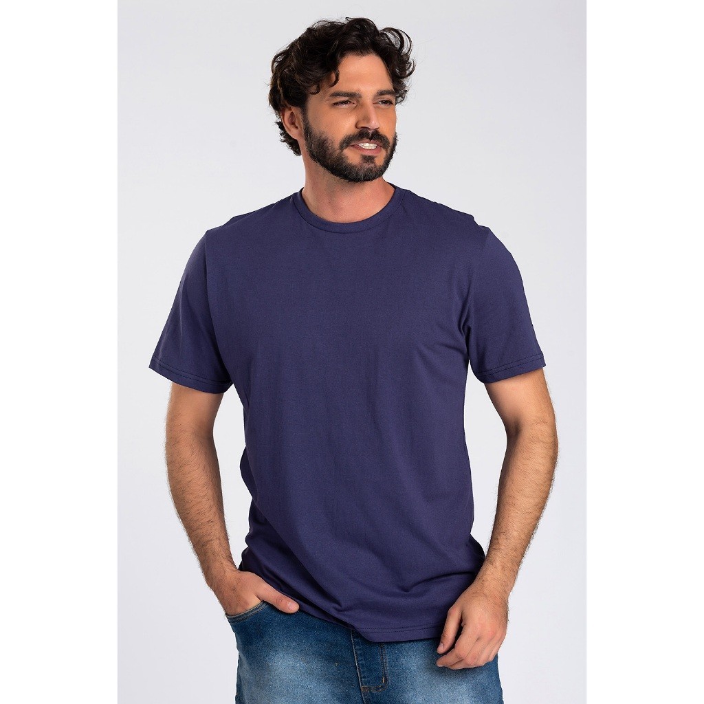Camiseta Azul Marinho Básica Masculina Lisa 100% Algodão Reforço Ombro a Ombro Modelagem Moderna Caimento Perfeito Fabricação Própria no Brasil - Camiseta Masculina Casual - Dadez
