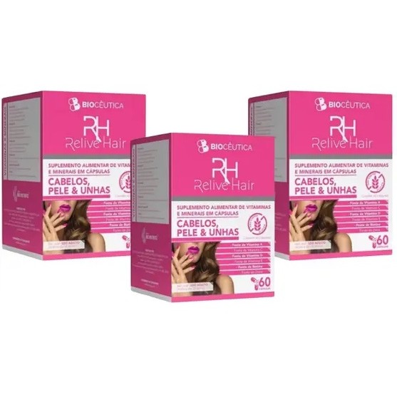 Kit c/ 3 Relive Hair (Cabelos Pele e Unhas) 60 cápsulas - Biocêutica