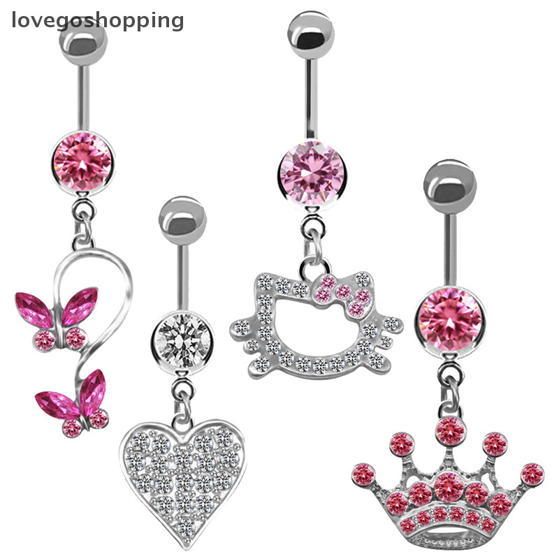 [lovego] Anel De Botão De Barriga Para Mulheres Desenho De Gato Fofo De Borboleta Rosa Da Tendência Sexy Fashion Navel Rings Jóias De Aço Inoxidável BR