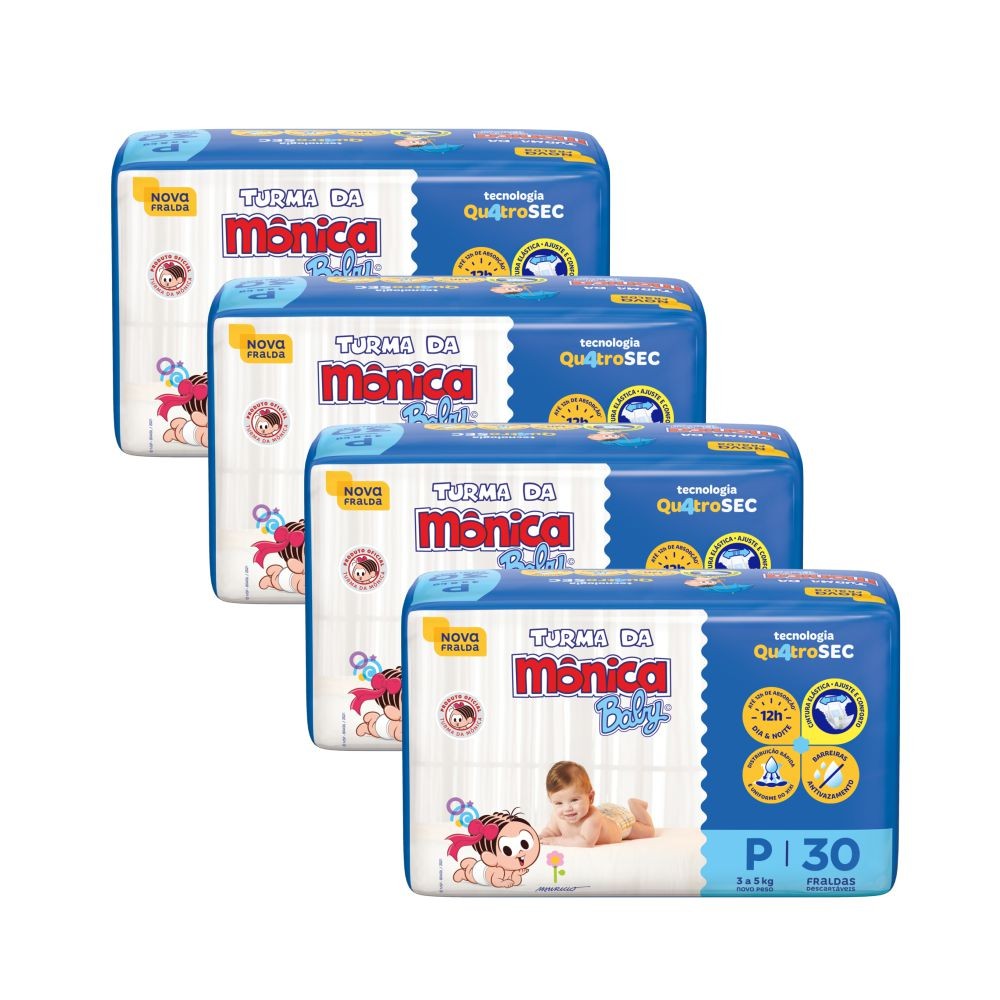 4 Pacotes - Fralda Turma da Monica Jumbo P Pacote c/30un