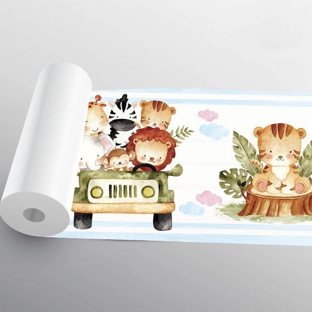 Papel de Parede Faixa Safari Azul Quarto Infantil Menino Rolo 1.10 X 15 CM Lavável