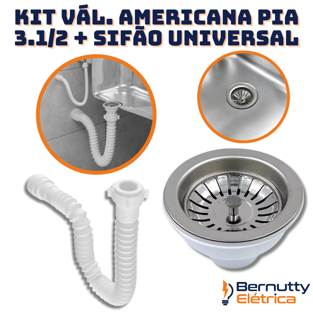 Kit Válvula Americana Inox 3.1/2 + Sifão Extensivo Universal Branco em Oferta na Shopee