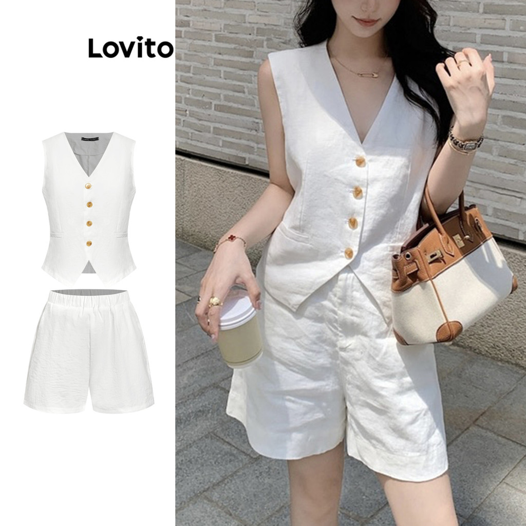 Lovito Conjuntos De Shorts Casuais Com Botão Liso E Bolso Superior Ou Inferior Para Mulheres L98AD225 - Women Clothes
