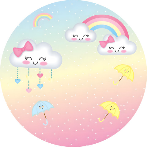 NOVO Painel Festa Infantil Redondo Nuvens de Amor, Guarda Chuva Amarelinho, Arco Íris, Fundo Degrede + Arco, Suporte incluso. Fazemos personalizado com qualquer tema. Confeccionado em Lona fosca, impressão de alta resolução. cenário , p/ Decoração