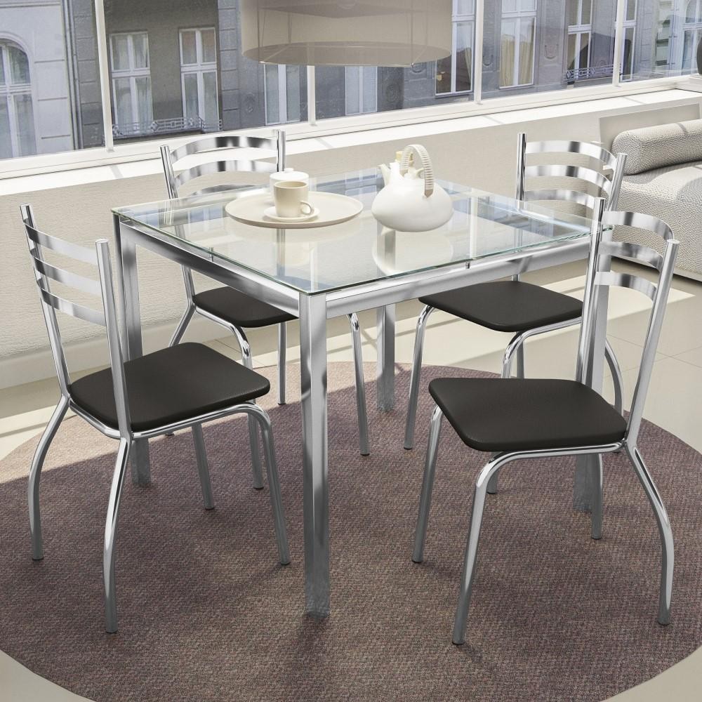 Kit Conjunto Mesa Quadrada 4 Cadeiras 90 x 90 cm Sala de Jantar Cozinha Vidro Metal Cromado Preto - Home & Living