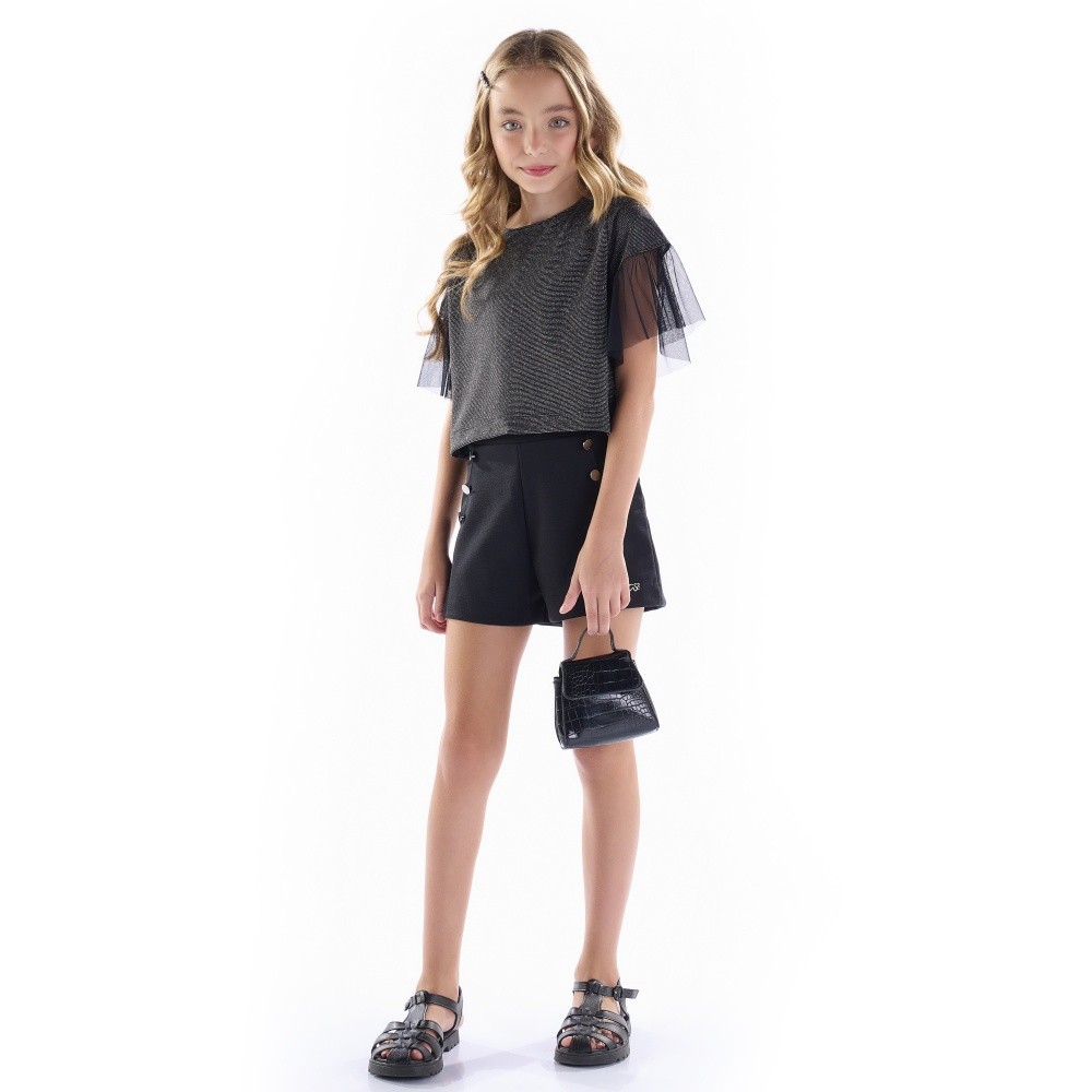 Conjunto Menina Anjo Blusa em Malha Texturizada e Shorts Molevisco - Preto