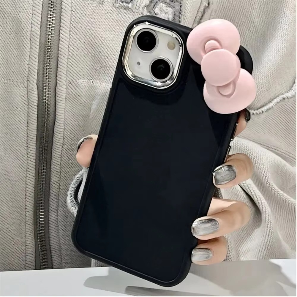 Coreano Bonito 3D Rosa Bowknot Caso De Telefone Para iPhone 16 Pro Max 15 14 13 12 11 X XS XR 7 8 Plus SE2 3D Gato Orelhas Grandes Moldura De Lente De Metal À Prova De Choque Capa De Silicone Macio - detalhe