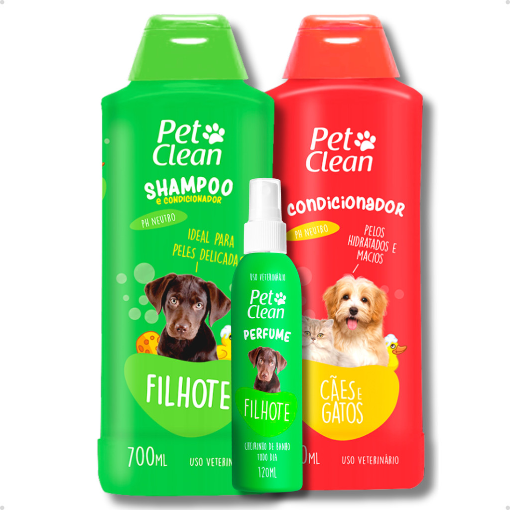 Kit Banho Pet Shop Shampoo Filhotes + Creme Condicionador + Perfume Filhote Pet Clean em Oferta na Shopee