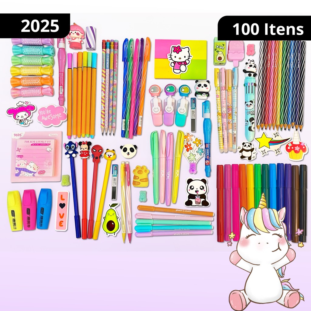 Kit Papelaria 100 Itens com Canetinhas Coloridas no Estojo Marca Texto Lápis de Cor Pastel...