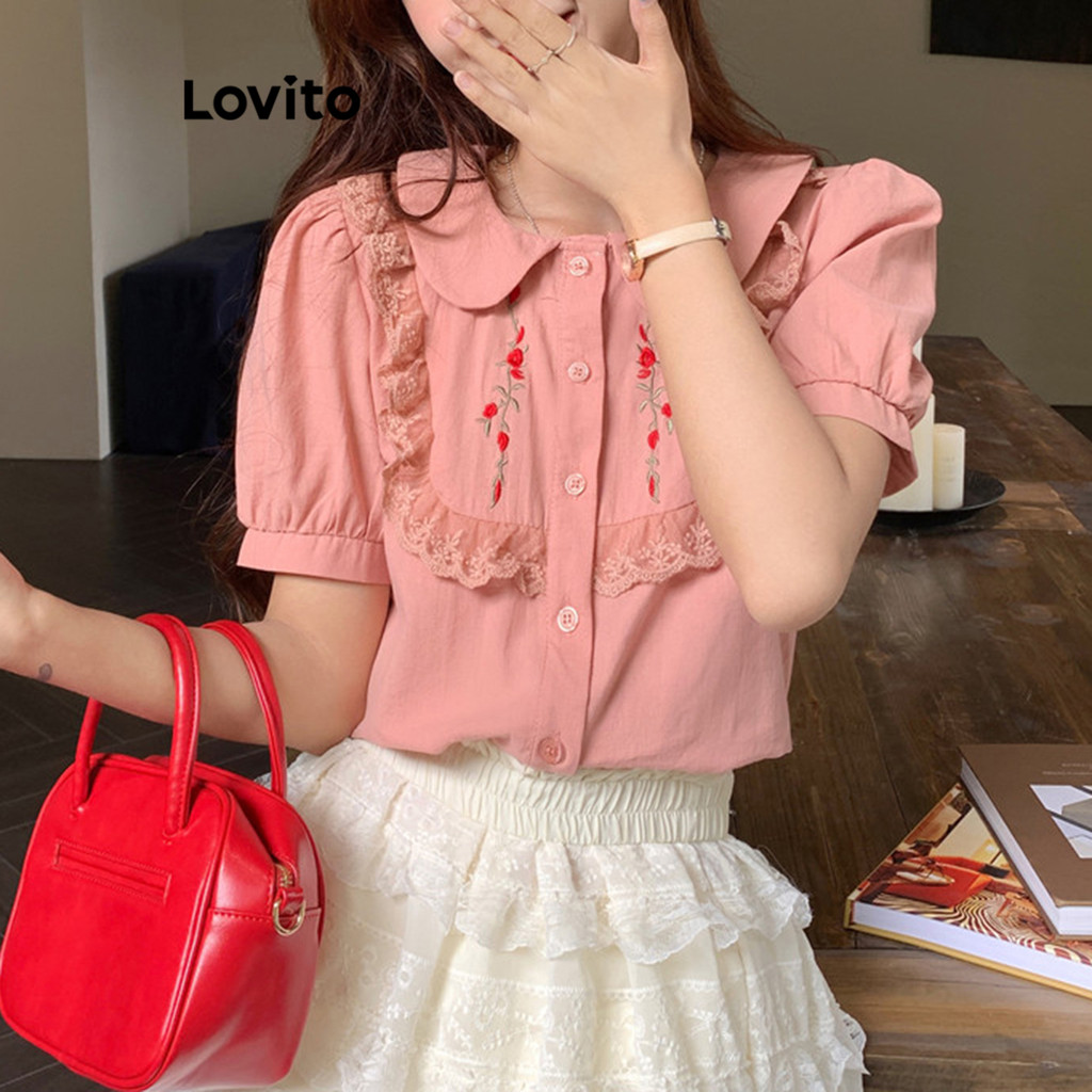 Lovito Casual Blusas com Botões e Detalhes de Renda para Mulheres LNA20096 (Rosa)