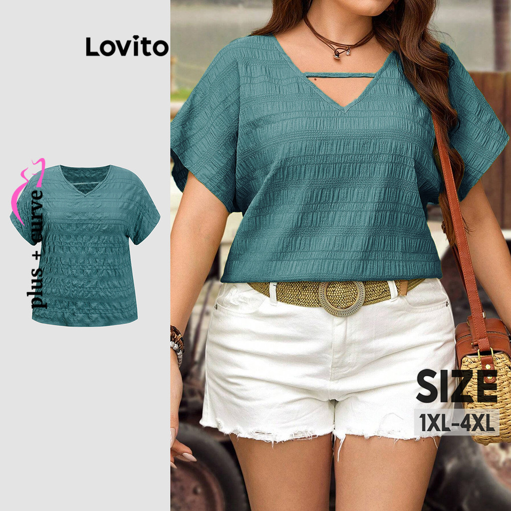 Lovito Blusa Curva Plus Size Casual Blusa Jacquard Lisa Para Mulheres LBL18316 - Women Clothes