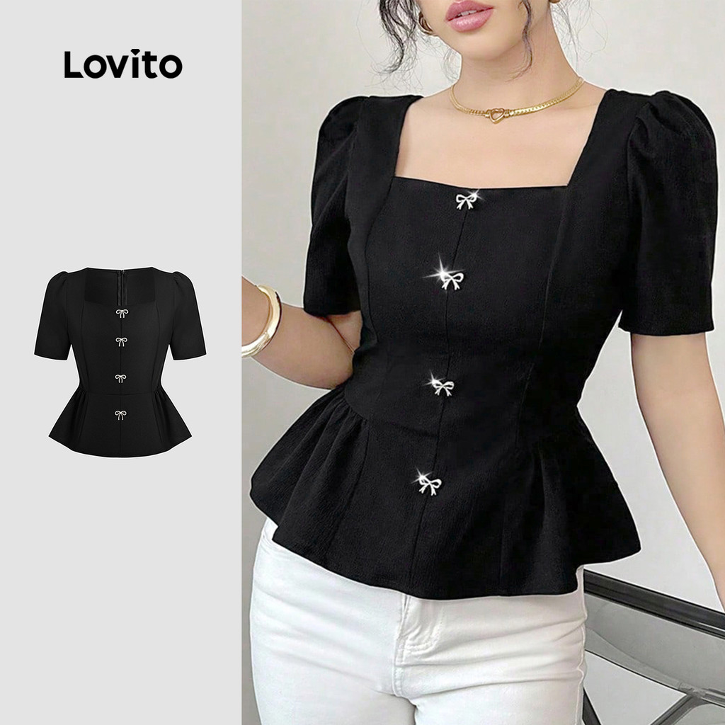 Lovito Blusa Elegante com Brilho em Diamantes Babado Na Barra Primavera/verão Blusa preta L138ED196 - Women Clothes