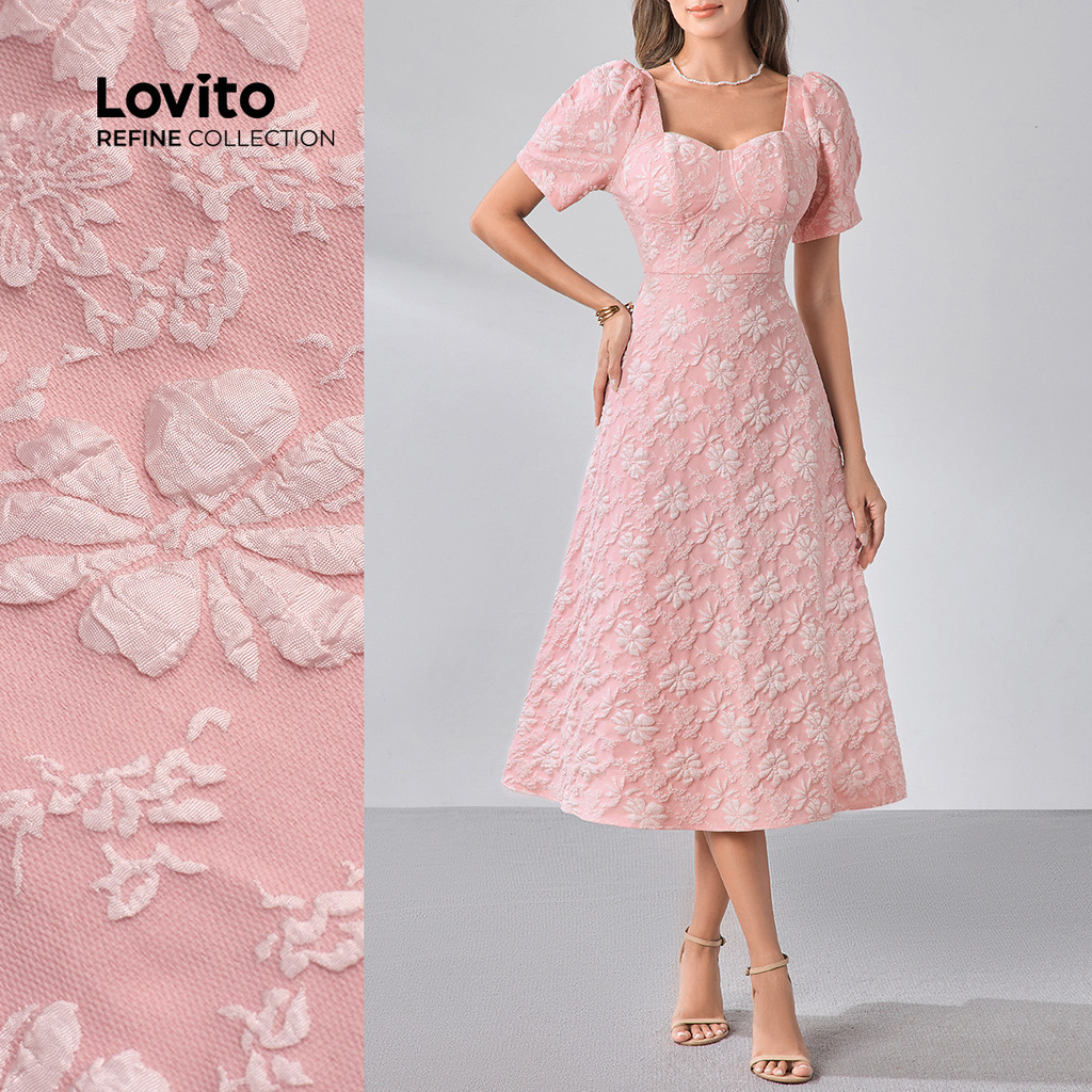 (Lovito Refine) Vestido Elegante Jacquard Estrutura Linha Pregueada Boa Textura Vestido Rosa LR12L021 - Women Clothes