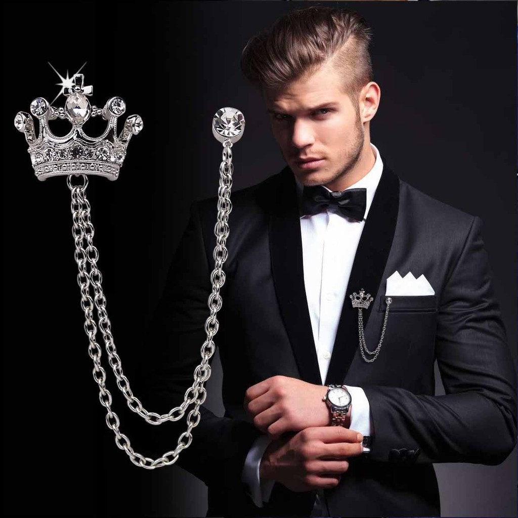 Broche Masculino De Luxo Estilo Britânico Terno Corrente Pino Diamante Coroa Emblema Vintage Floral