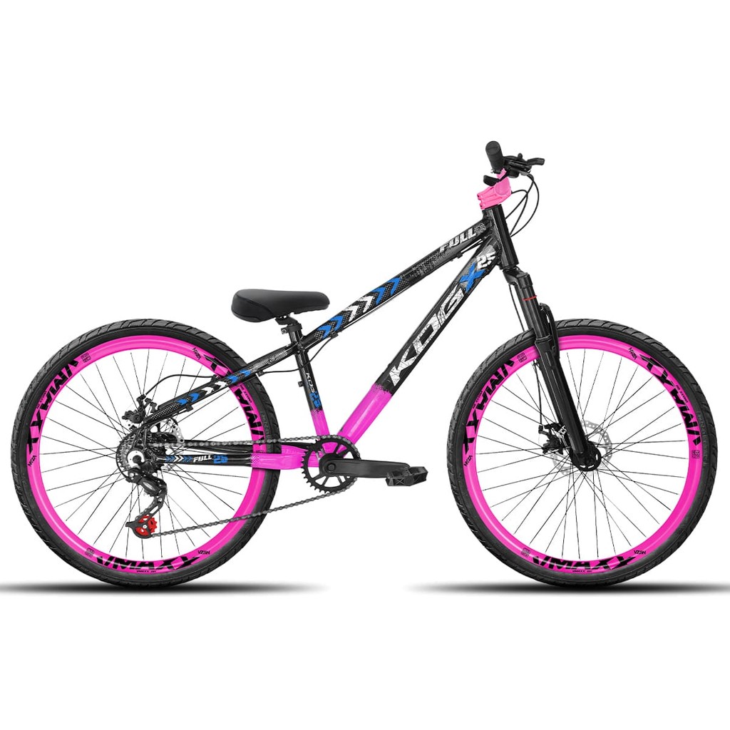 Bicicleta aro 26 KOG Freeride 1x7 Preto Rosa e Azul Vmaxx Rosa - Pneus Preto - Mesa Curta Rosa - Guidão Rosa