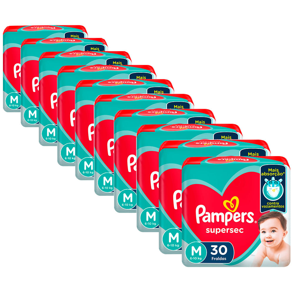 Kit 10 Fraldas Pampers Supersec Pacotão M - 300 Tiras - Mom & Baby