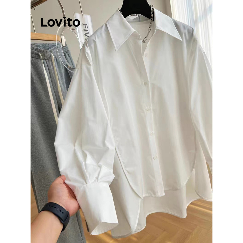 (Trendy) Lovito Blusa Elegante Com Botão Liso Frontal Assimétrico Para Mulheres LNE24084 (Multicolorido) - Women Clothes