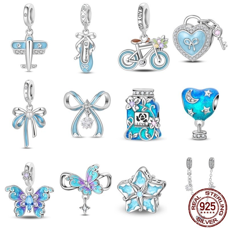 Original charme jóias s925 prata compatível pulseira DIY jóias azul avião arco pingente