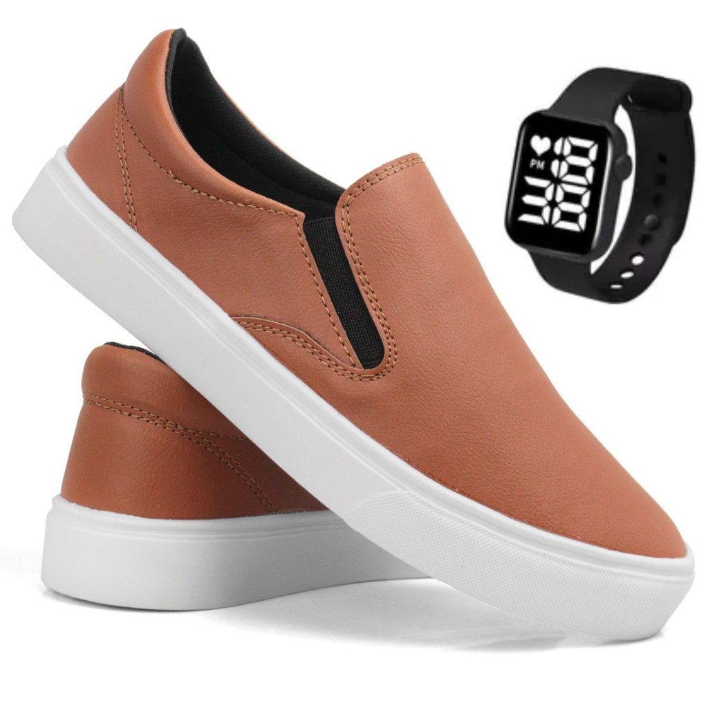 Tenis Slip On Casual Iate Sapatenis Caramelo Sem Cadarço Calce Fácil Leve Macio Confortavel + Relógio