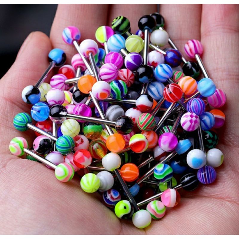 kit 12 PECA DE CARTELA Piercing Língua  Aço INOX Colorido Bolinha Acrilico em Oferta na Shopee