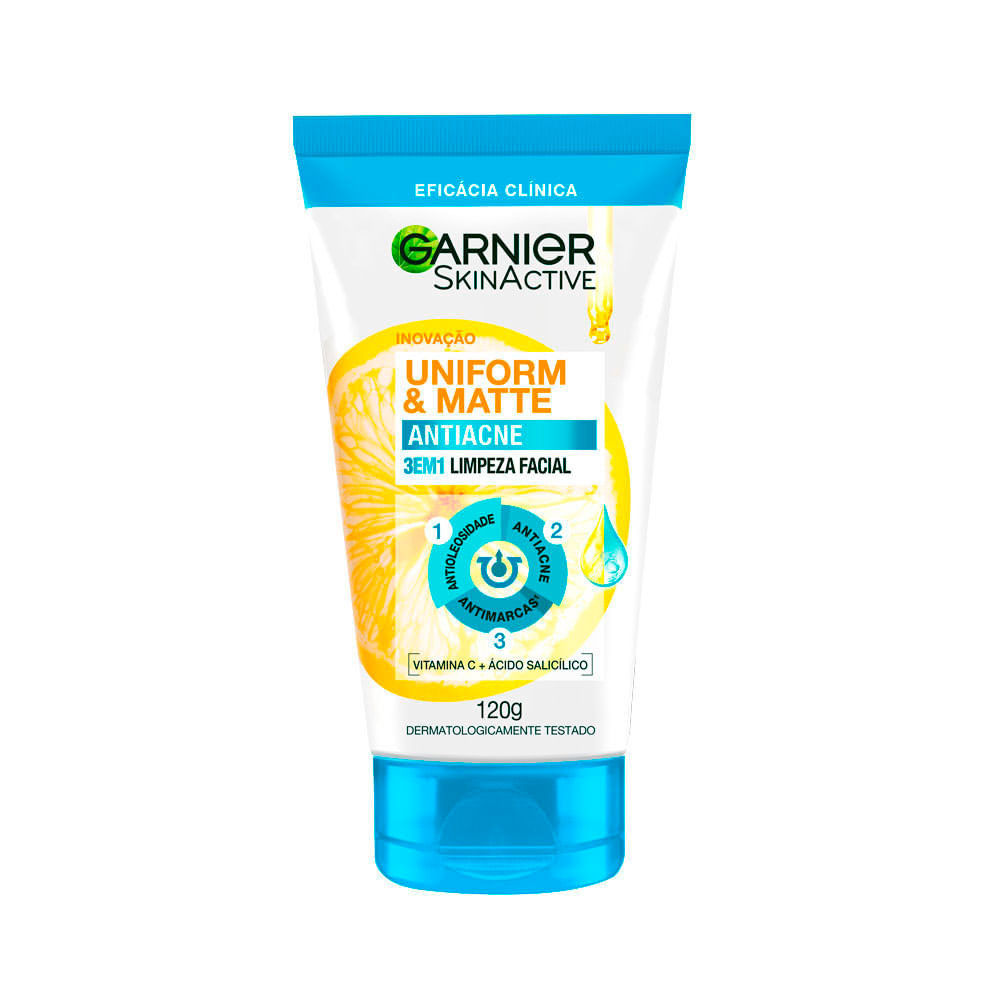 Limpeza Facial 3 em 1 Garnier Uniform & Matte Antiacne 120g - Beauty