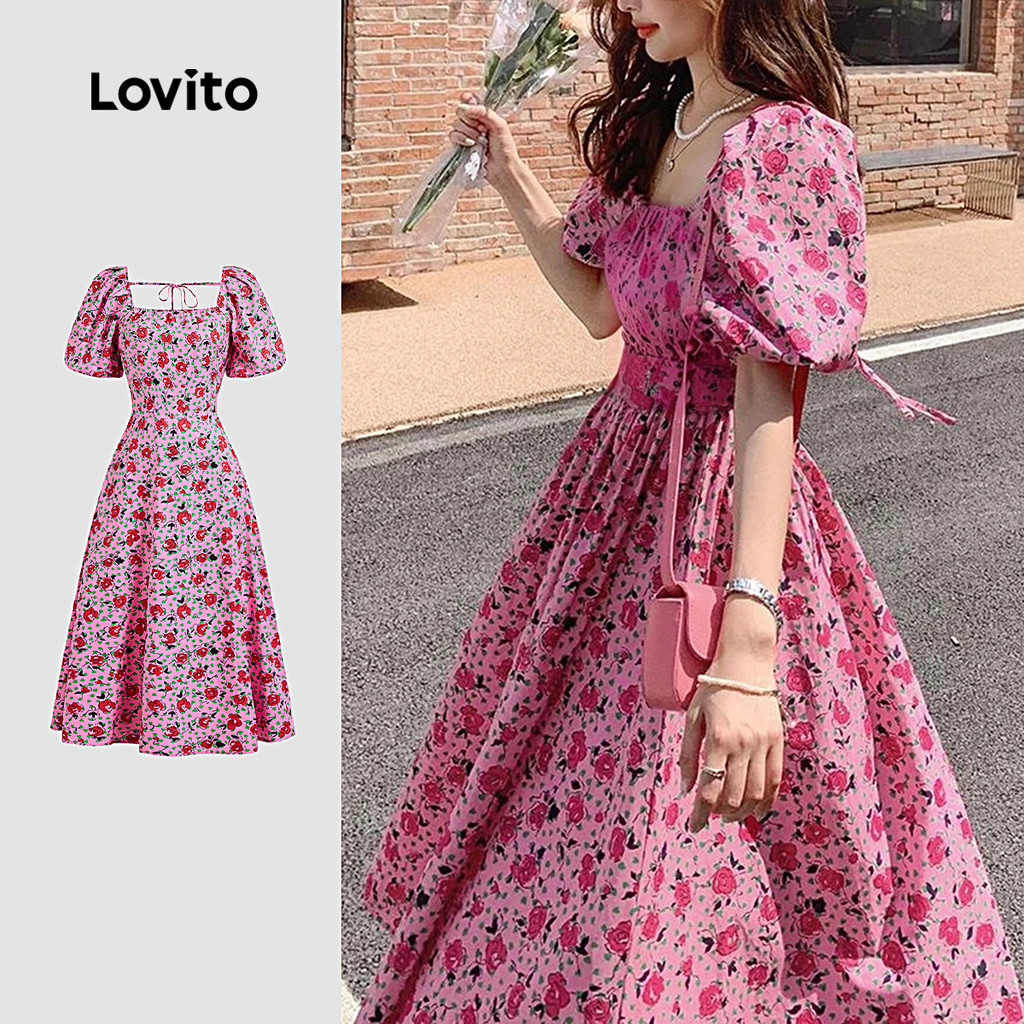 Lovito Vestido Romântico Estilo Resort Cor Macaron Primavera/verão Vestido Vermelho Rosé para Mulheres L142LD073 - Women Clothes
