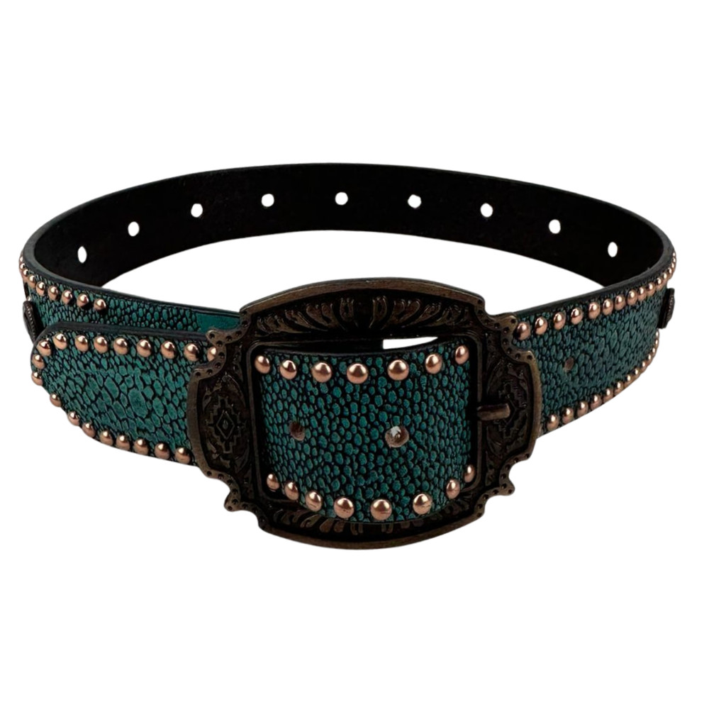 Cinto Feminino Pyramid Country Couro Verde Textura Arraia Com Strass Preto 6775