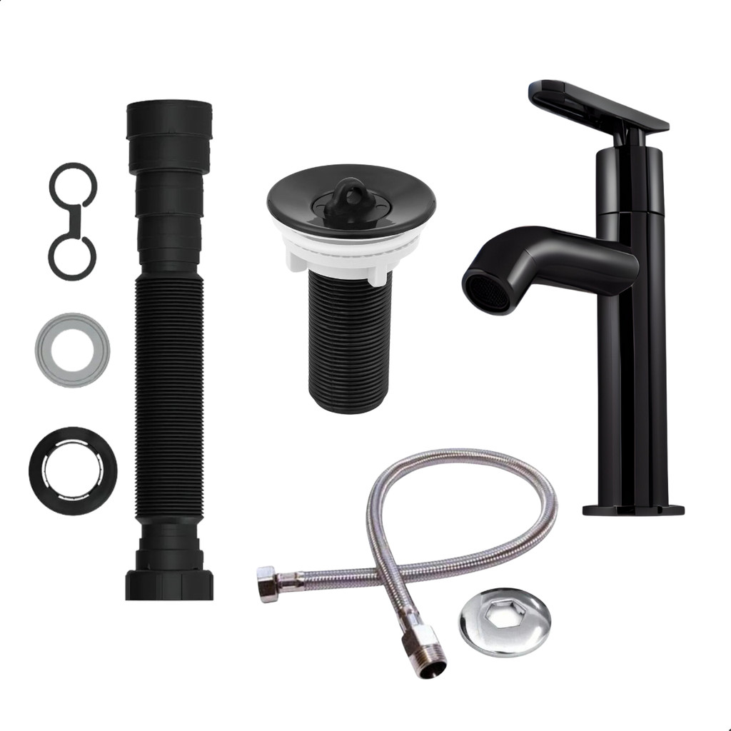 Kit para Lavatório/Banheiro Torneira + Válvula + Sifão + Engate - Black/Preto em Oferta na Shopee