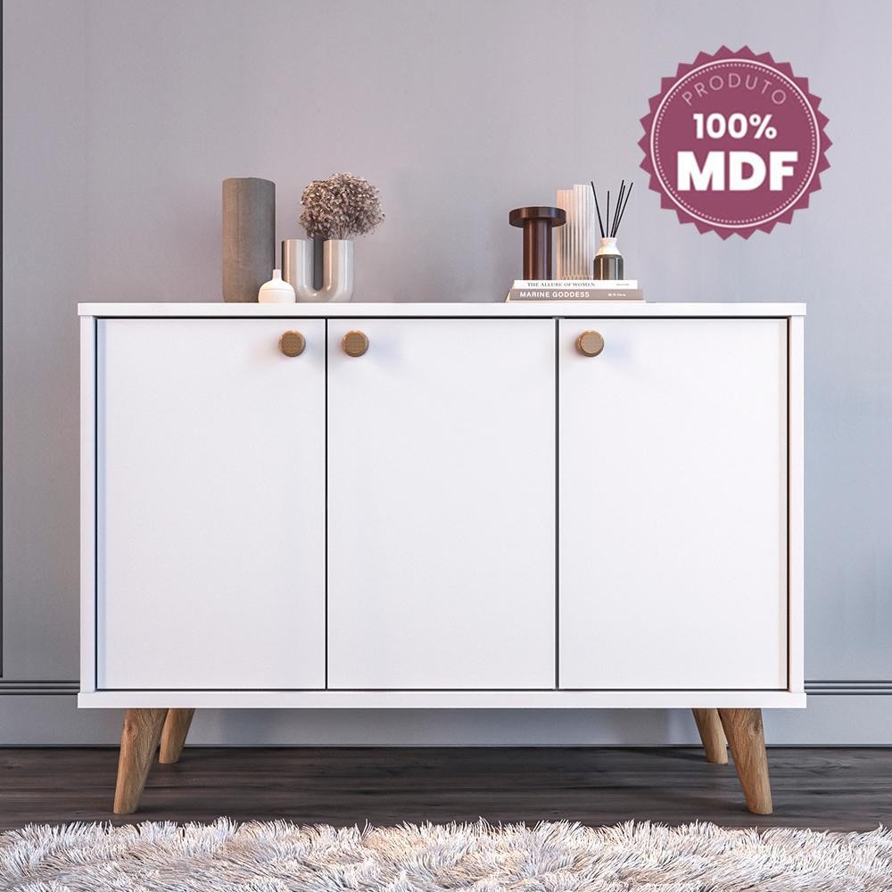 Aparador Buffet Cantinho do Café Multiuso 3 Portas - 100% MDF - Pés em Madeira Maciça