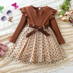 Vestido Casual Infantil Camisa De Manga Comprida Bolinhas Tule Cerimônia 3-8 Anos Outono Inverno Arco Ve