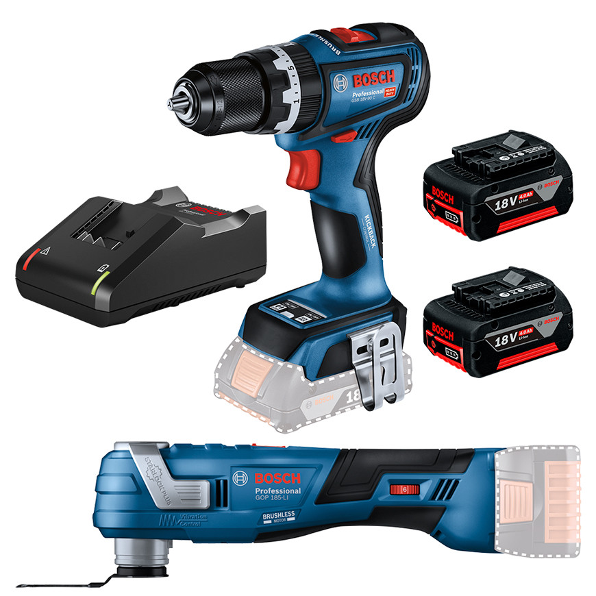 Kit Parafusadeira/Furad Imp 1/2" GSB 18V-90 C + Multicortadora GOP 185-LI + 2 Bateria 4Ah + Carregador Rápido Bosch