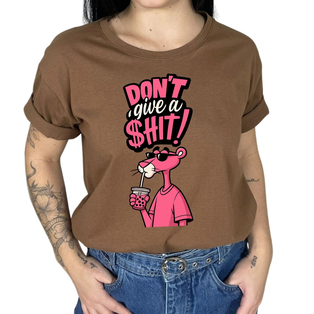 Camiseta Feminina Pantera Rosa Give Don't Shit Blusa Básica Manga Curta